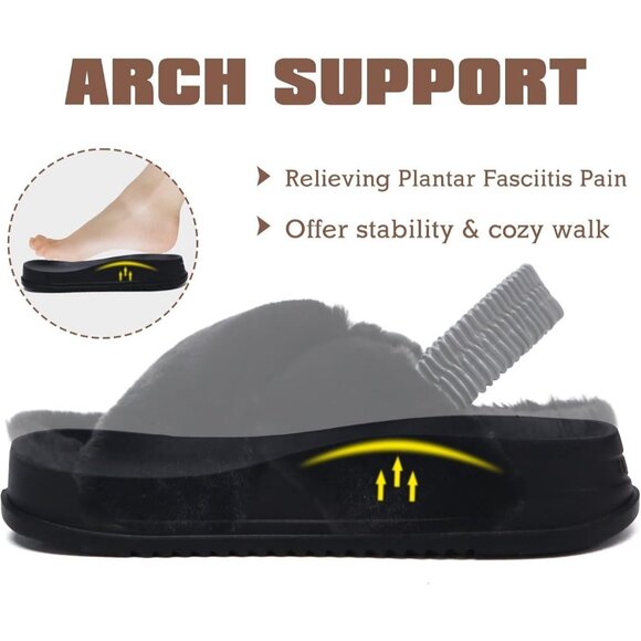 Women's Fleece Fuzzy Fur Criss Cross Open Band Cozy Slippers Black Shoes - Picture 3 of 9